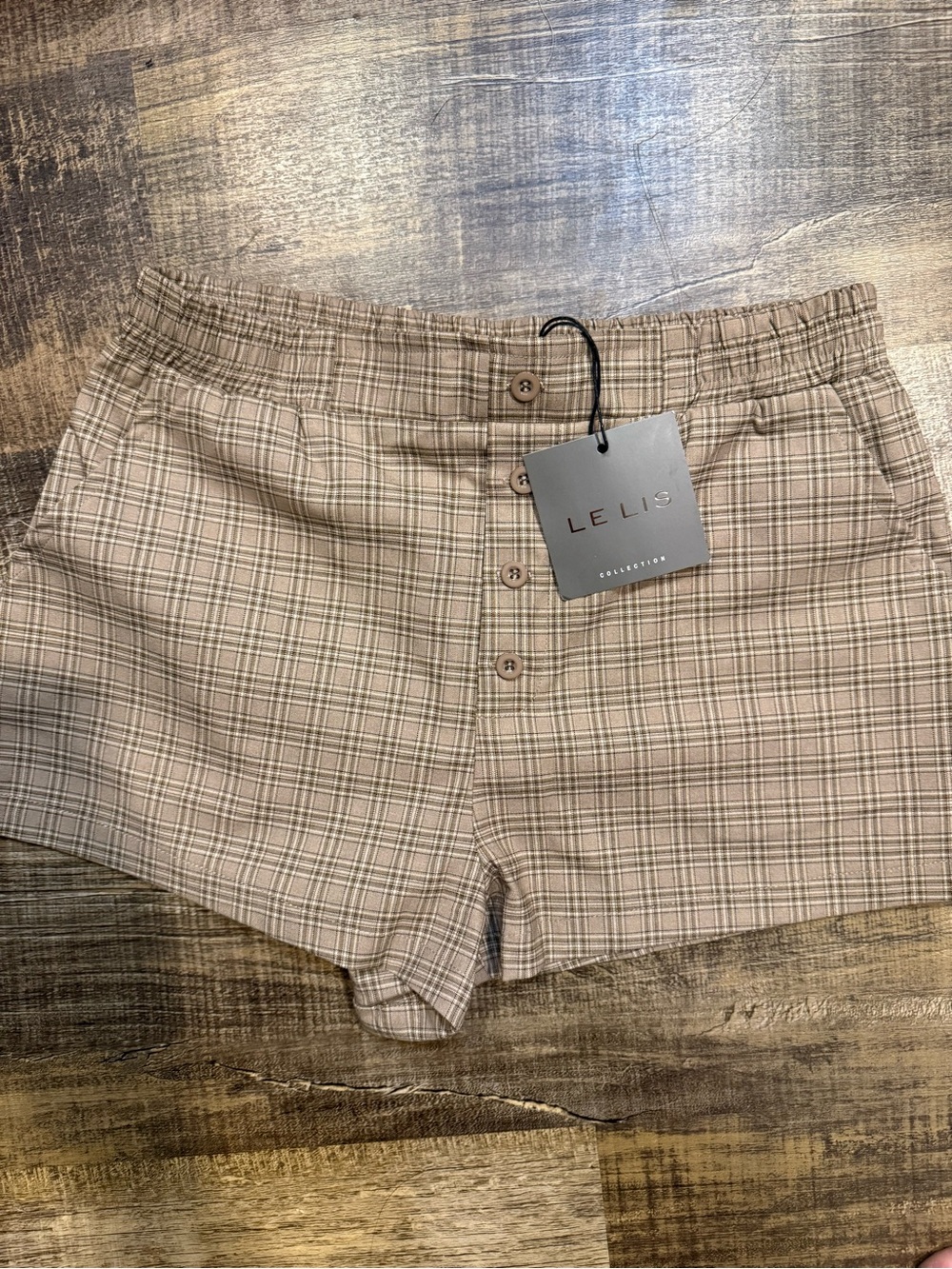 Sold -  Lis Tan Plaid High-Waist Button Front Shorts